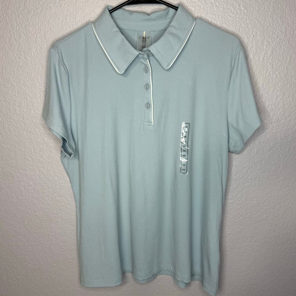 CALIA Rib Short Sleeve Polo Women’s XXL Light Blue NWT BodyFree Stretch
